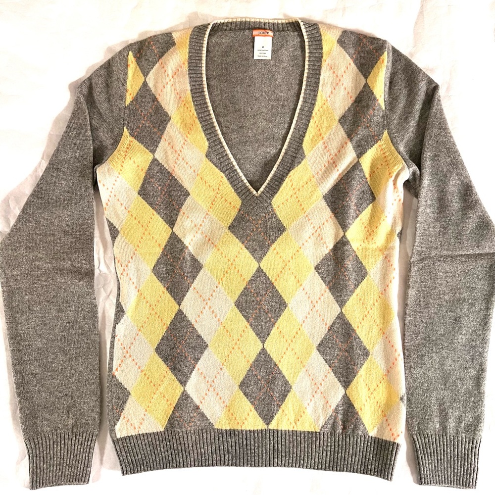 J. Crew Cashmere Argyle V-Neck Long Sleeve Sweater Medium Grey/Yellow/White